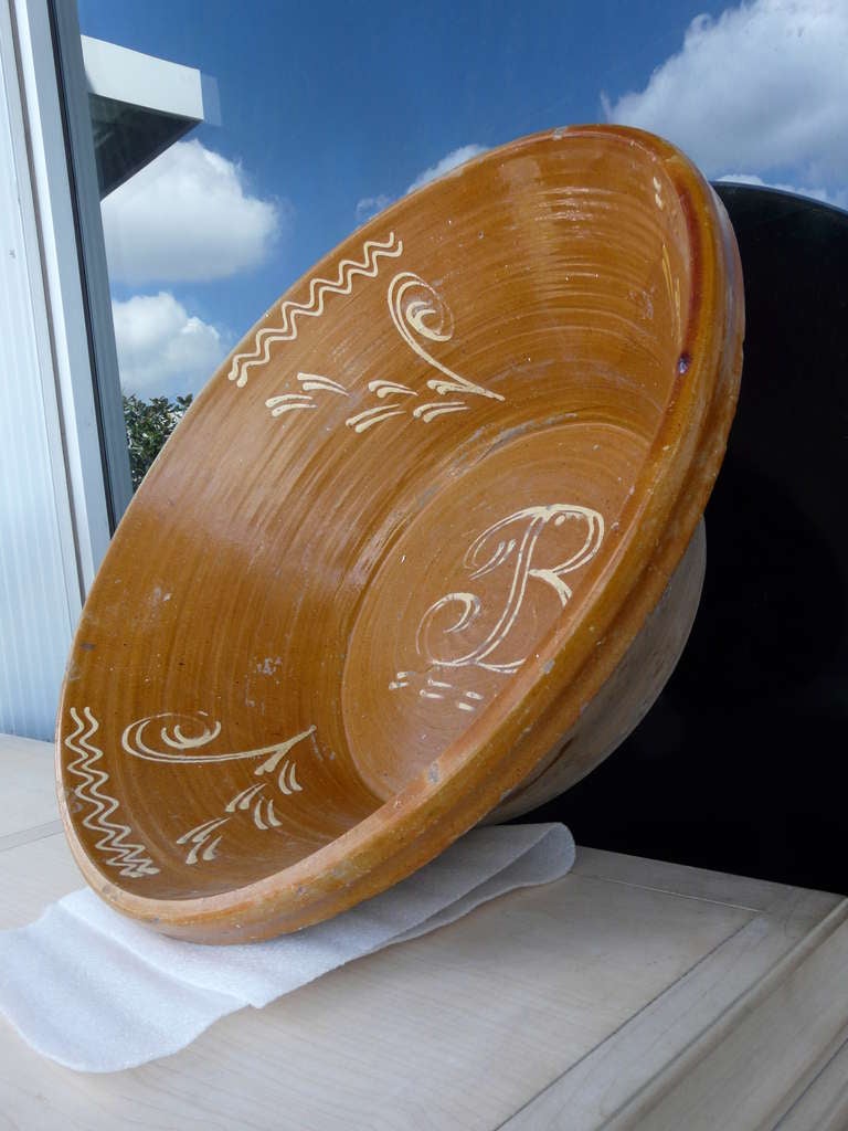 Massive Old French Provincial Slipware Dough Bowl "B" Hand Painted
