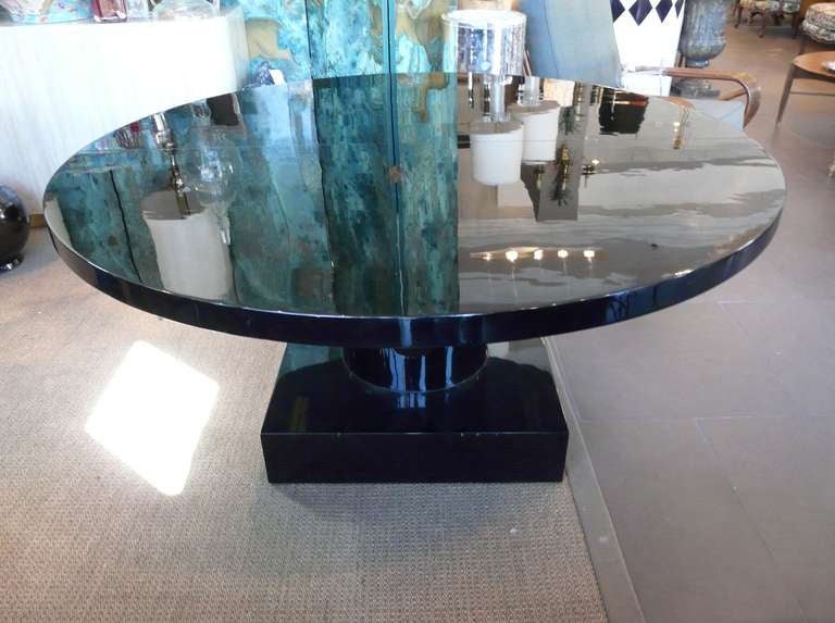 Glass Black Piano Lacquer Dining or Center Pedestal Table For Sale