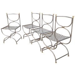 Four Polished Steel Jansen Style Campaign or Throne Chairs