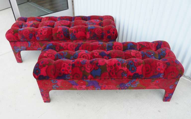 Pair Biscuit Tufted Velvet Benches Hollywood Regency Mid Century Modern