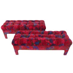 Pair Biscuit Tufted Velvet Benches Hollywood Regency Mid Century Modern