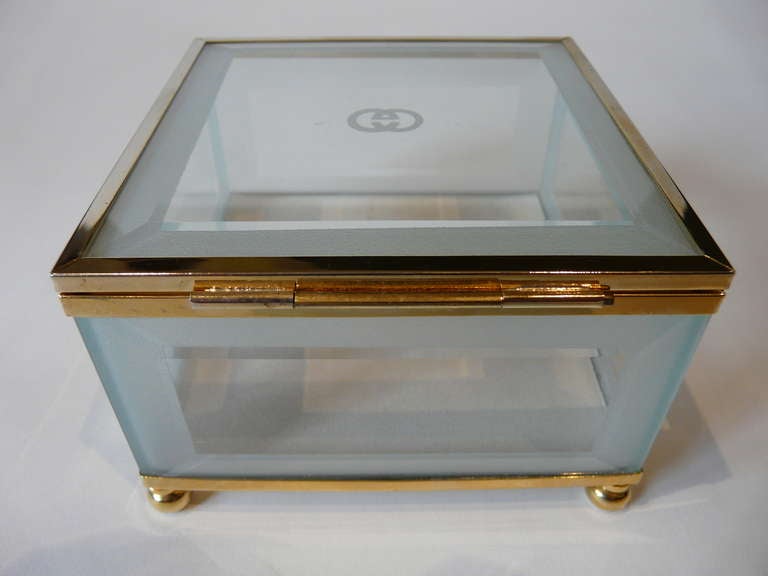 Vintage Gucci Glass & Brass Dresser Box Jewelry Casket In Excellent Condition For Sale In South Coast, CA