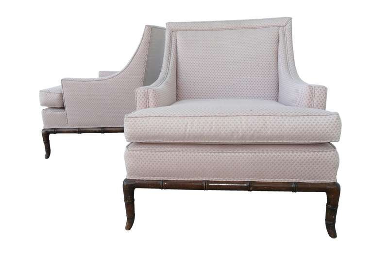 Rare Pair T.H. Robsjohn Gibbings Lounge Chairs Bergeres Faux Bamboo Legs