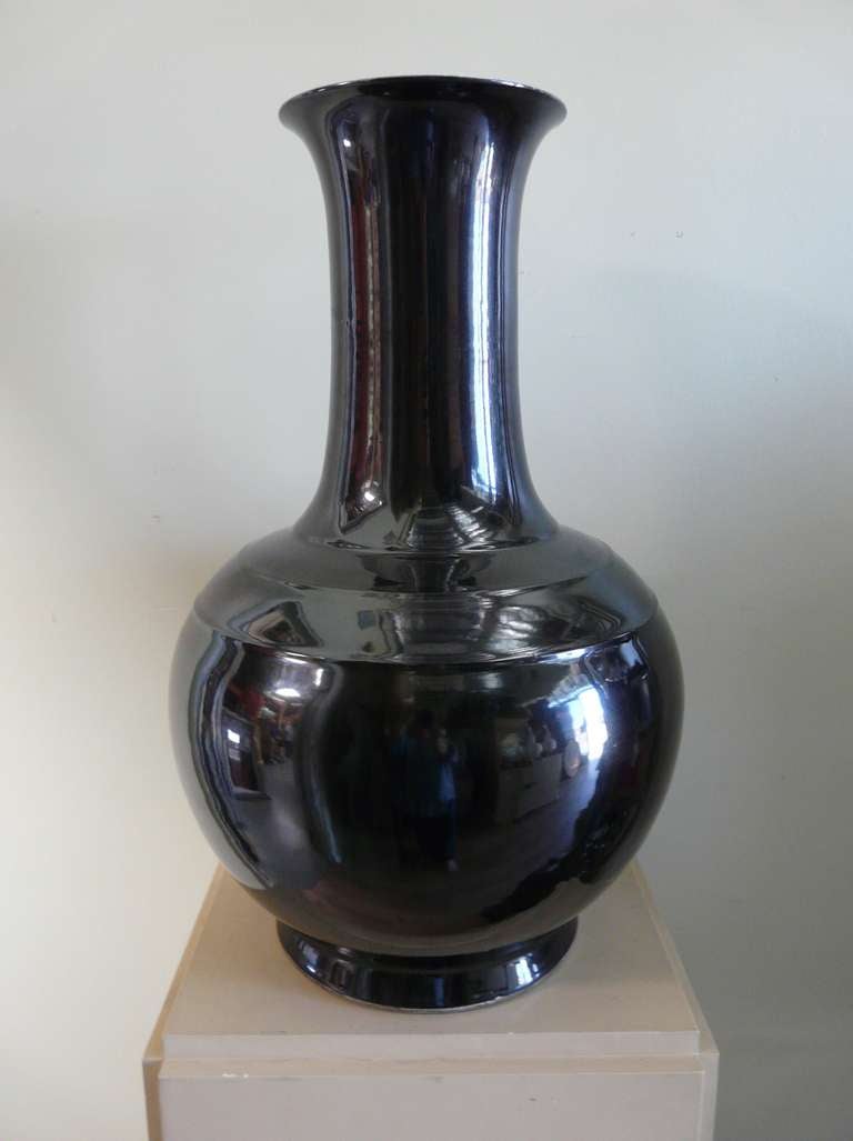 Impressive Old Chinese Porcelain Vase 2' Tall in Black Glaze Dramatic