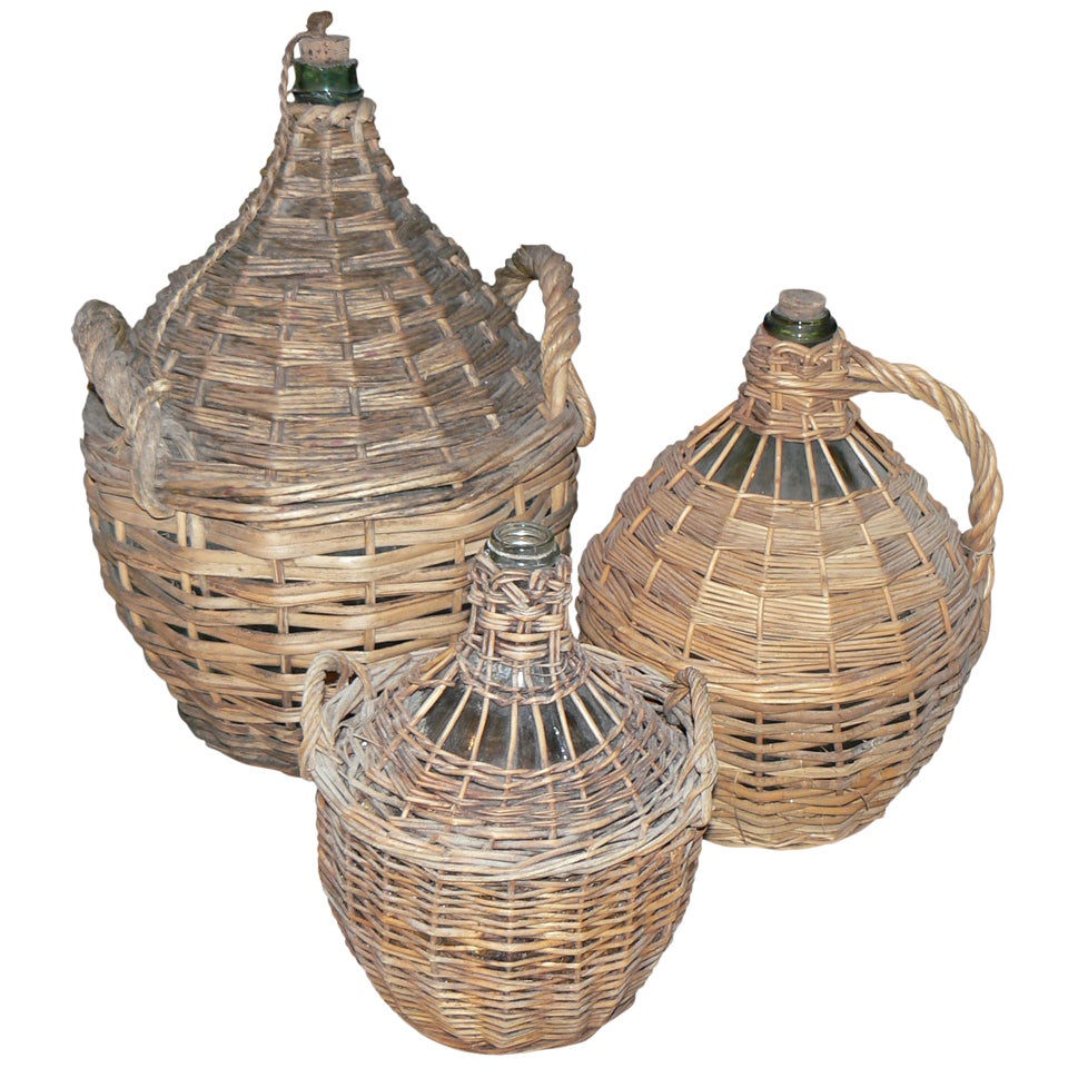 Group of 3 Vintage French Provencal Bonbonnieres / Demijonns in Basket For Sale