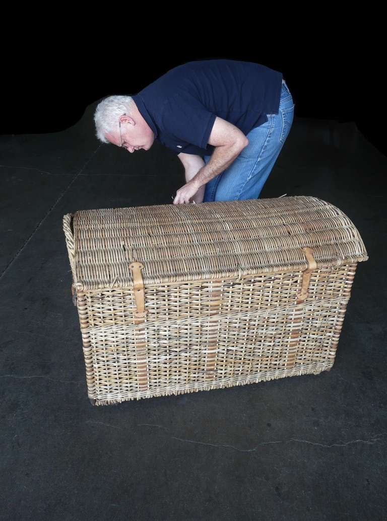 Antique Large Basket Trunk Leather Handles Touring Era 5