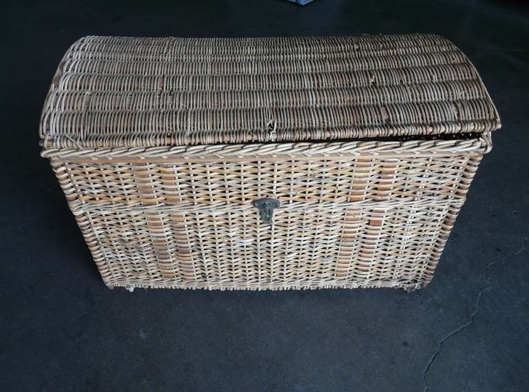 Antique Large Basket Trunk Leather Handles Touring Era In Fair Condition In South Coast, CA
