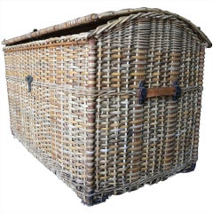Antique Large Basket Trunk Leather Handles Touring Era 