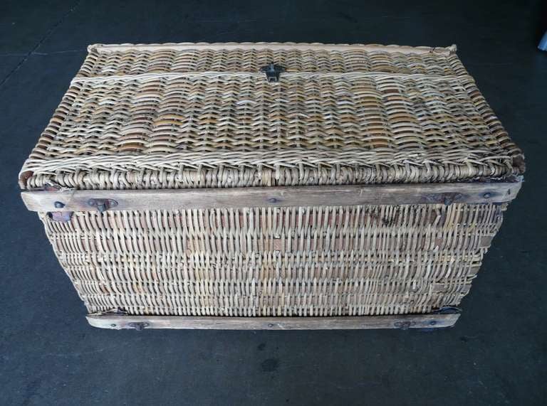 Wicker Antique Large Basket Trunk Leather Handles Touring Era
