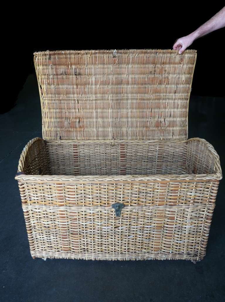 Mid-20th Century Antique Large Basket Trunk Leather Handles Touring Era