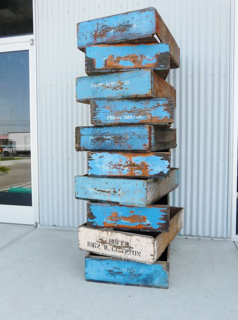 American 10 Large Vintage Vineyard Wood Crates Painted Cerulean Blue Planters Boxes For Sale