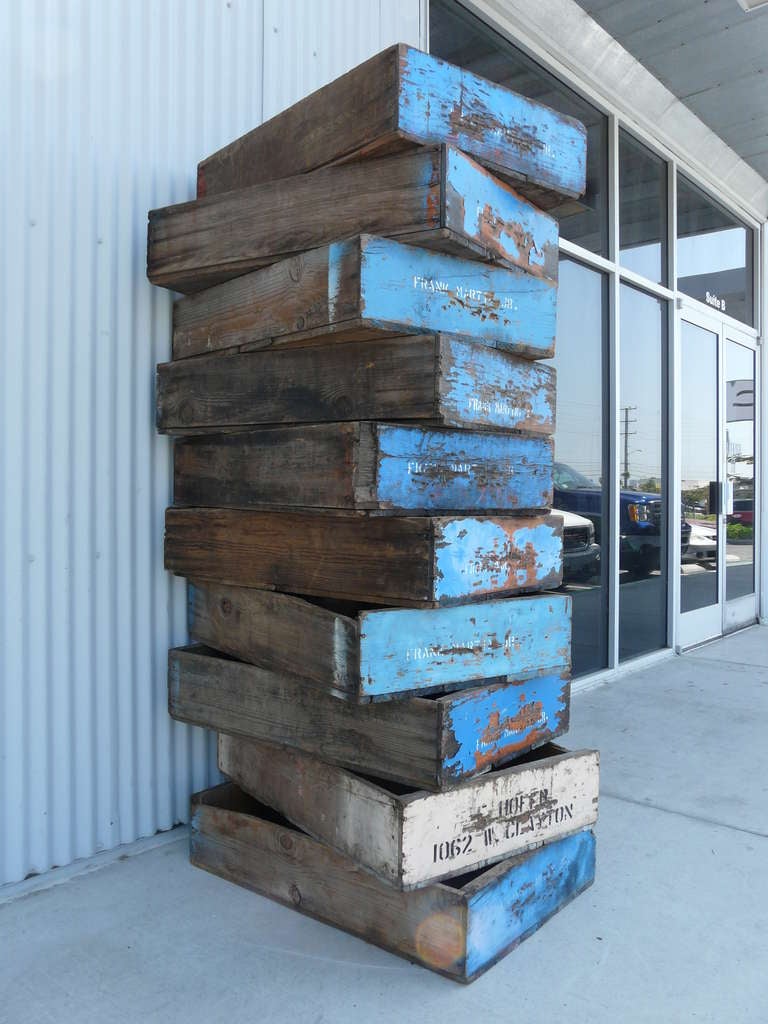 20th Century 10 Large Vintage Vineyard Wood Crates Painted Cerulean Blue Planters Boxes For Sale