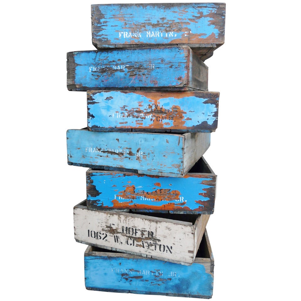 10 Large Vintage Vineyard Wood Crates Painted Cerulean Blue Planters Boxes For Sale