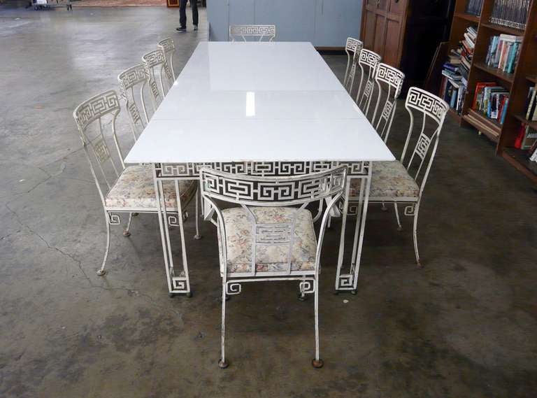 1930's Hollywood Regency Patio Table & 10 Chairs Cast Iron Greek Key For Sale 4