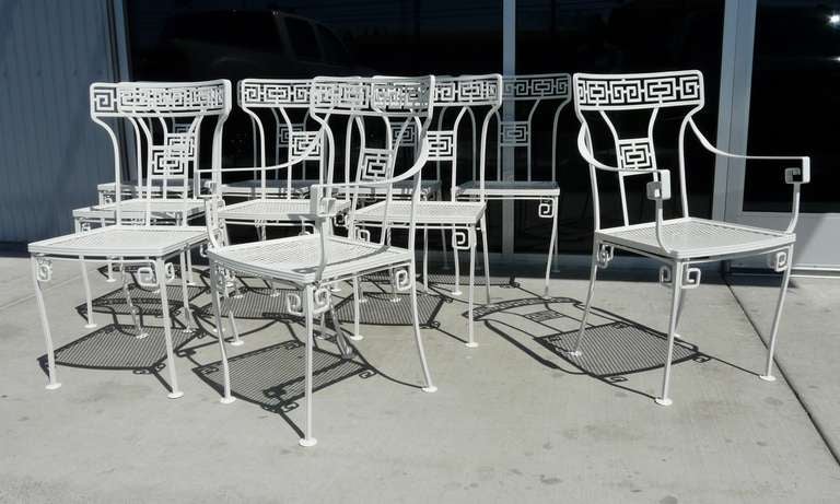 American 1930's Hollywood Regency Patio Table & 10 Chairs Cast Iron Greek Key For Sale