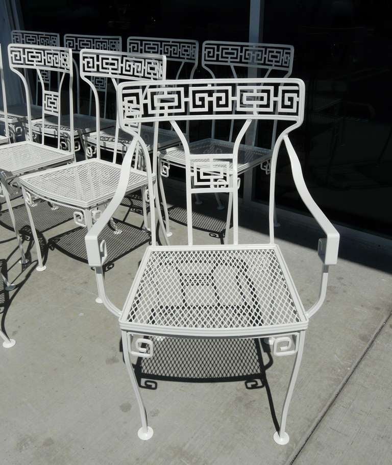 1930's Hollywood Regency Patio Table & 10 Chairs Cast Iron Greek Key In Good Condition For Sale In South Coast, CA