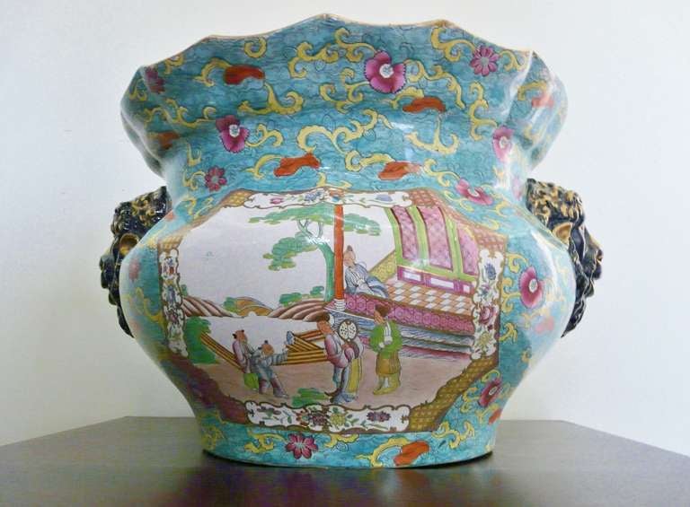 Huge Antique Jardiniere English Ironstone Chinese Export Rams Head Handles