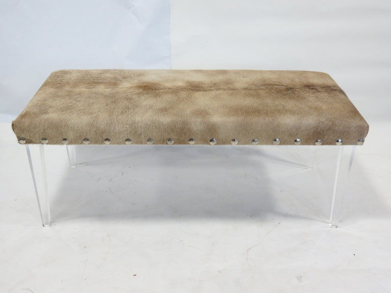Samantha Knapp for Tiger Lily’s custom “Look at Me Lucite Bench.” Lucite bench upholstered in gray-tone cowhide finished with square nails.