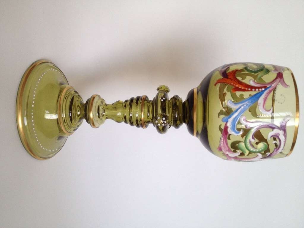This second set is the same situation as the similar listing with a couple of technique additions such as there is the use of acid stippling, air twist inside the stem on one example, and some very unusual cut an gilding work on another, one has a