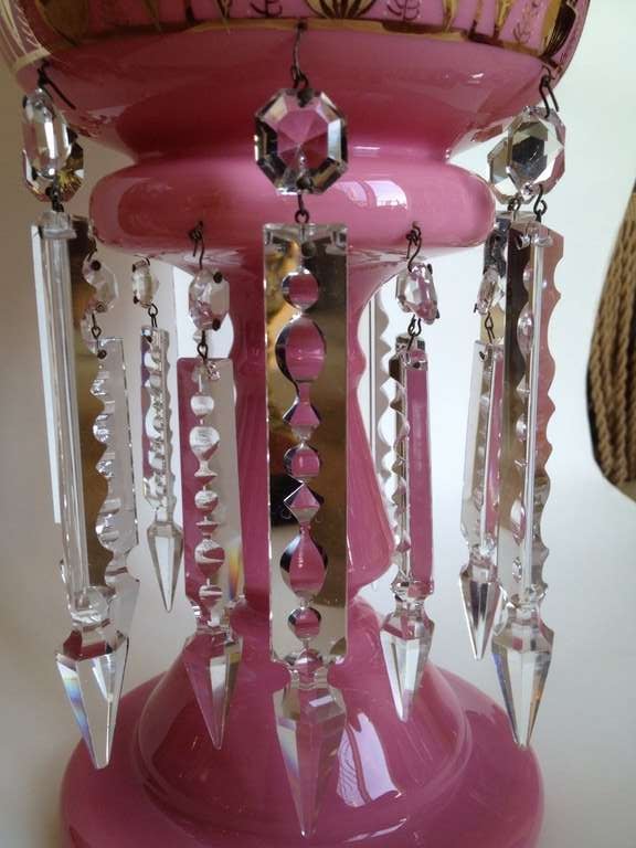 English Pink Cased Glass Lusters Jeweled and Gilt Decorated from England circa 1925