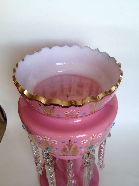 Pink Cased Glass Lusters Jeweled and Gilt Decorated from England circa 1925 In Excellent Condition In Redding, CA