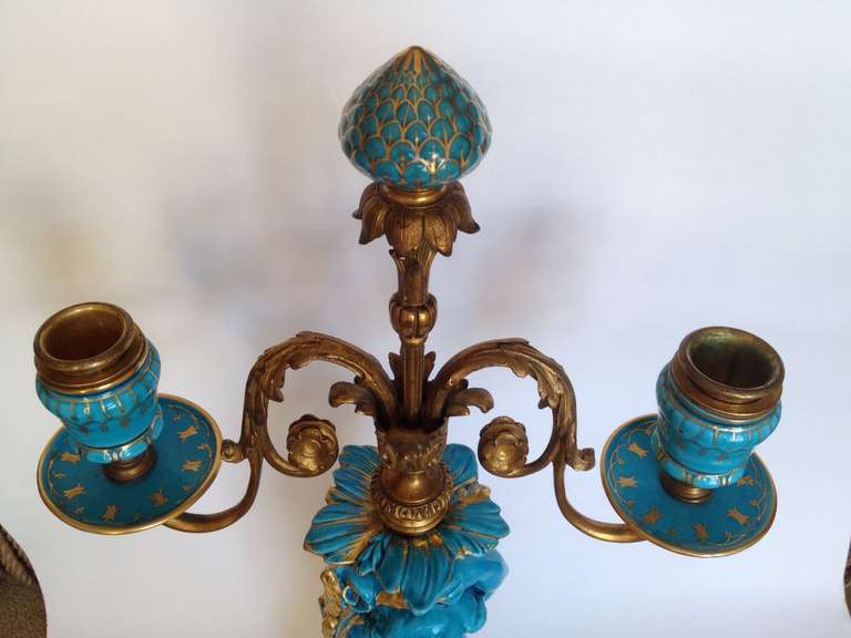 19th Century Sevres Style Celeste Blue Putti Form Candelabra Gilt Bronze Mounts 19thc.