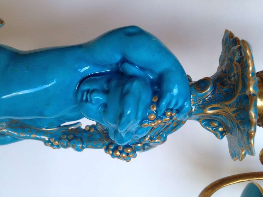 Sevres Style Celeste Blue Putti Form Candelabra Gilt Bronze Mounts 19thc. In Excellent Condition In Redding, CA