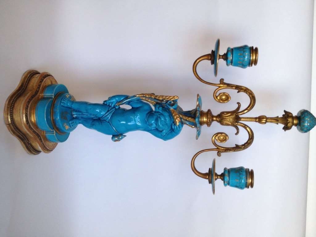 Louis XVI Sevres Style Celeste Blue Putti Form Candelabra Gilt Bronze Mounts 19thc.