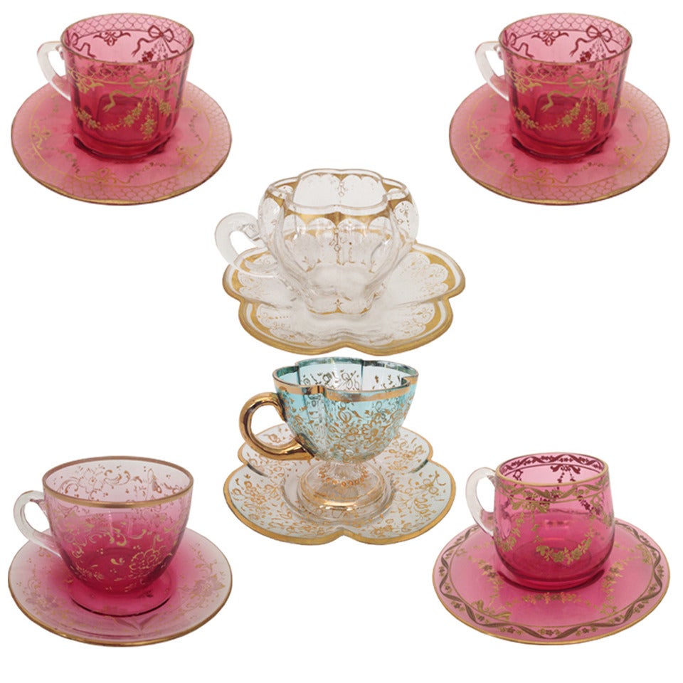 Set of Six Individual Moser Cups and Saucers Gilt and Enameled c.1900