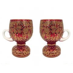 Amazing Pair of Moser Ruby Ex Large "Tea Cups" Heavy Raised Gilding c.1900