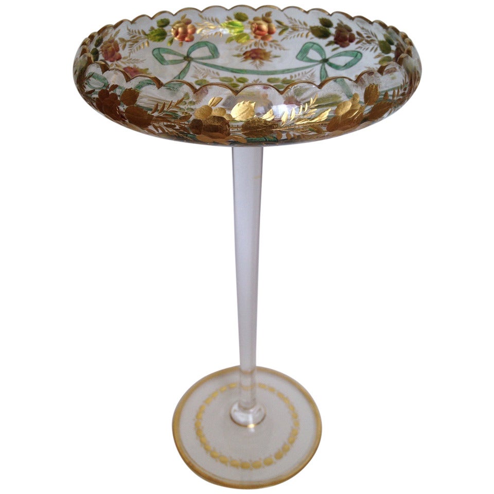 Colorful French Enamel Decorated Tazza Etched with Gilt Highlights c.1900