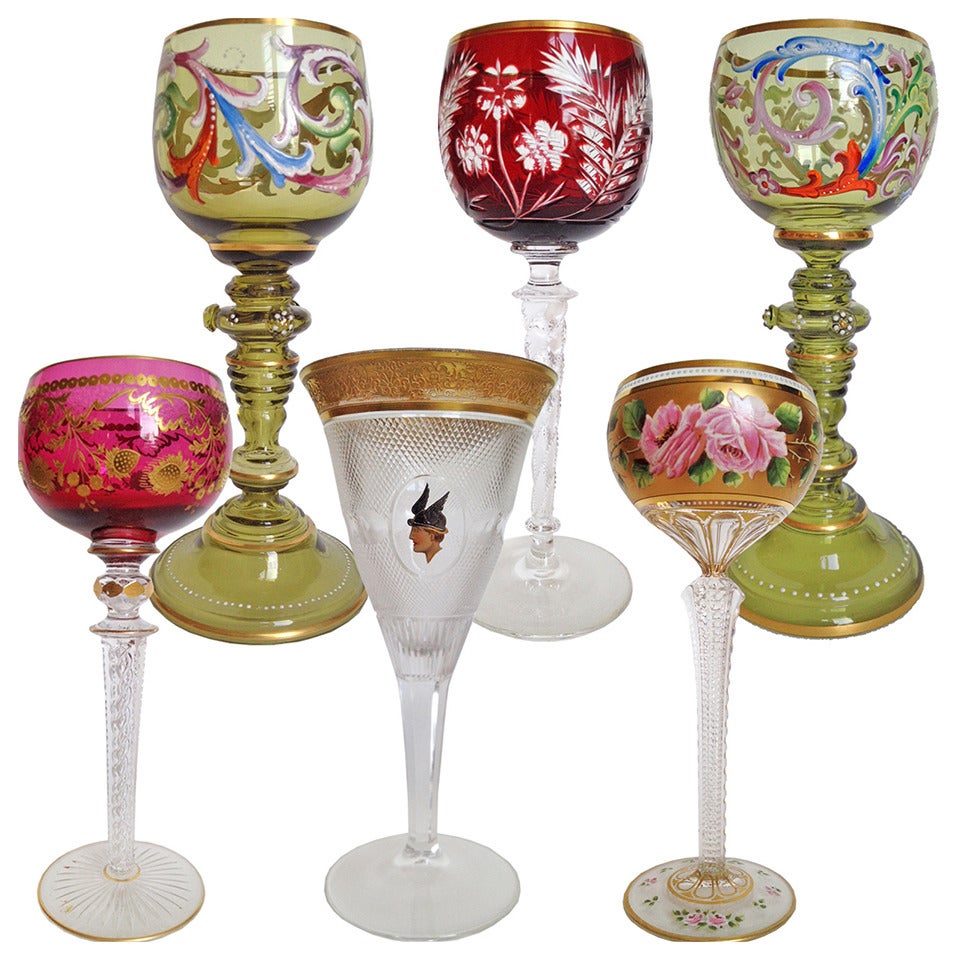 Fantastic Set of Six Fine Antique European Wine Stems circa 1900 Famous Makers