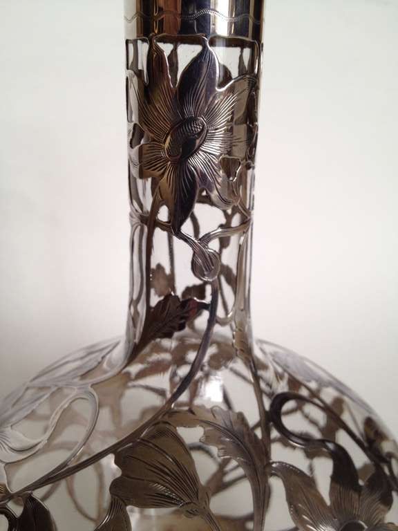 Art Nouveau Silver Overlay Decanter on Clear Glass circa 1900 In Excellent Condition In Redding, CA