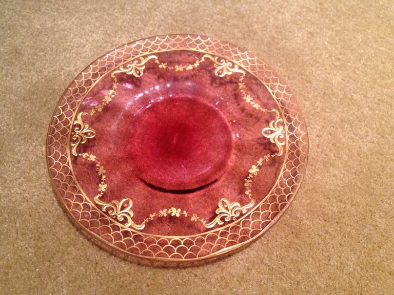 Austrian Moser Cranberry Cup And Saucer with Raised Gold Gilding c1900