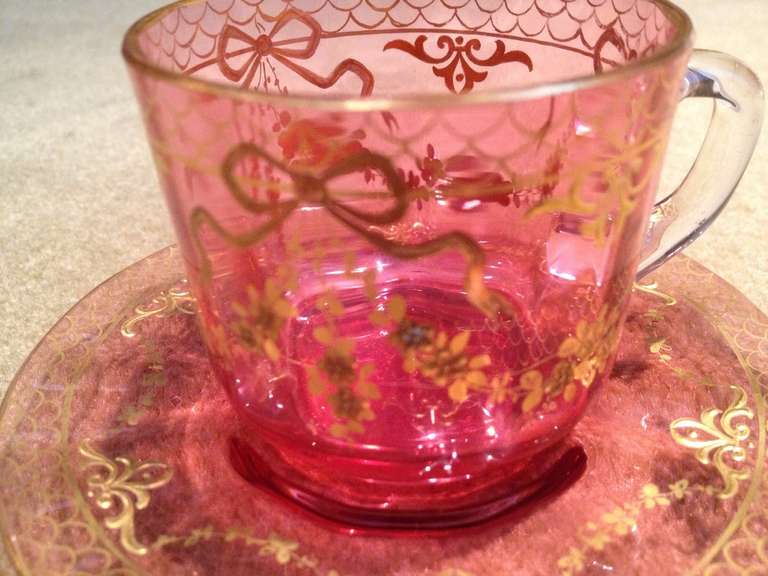 Moser Cranberry Cup And Saucer with Raised Gold Gilding c1900 In Excellent Condition In Redding, CA