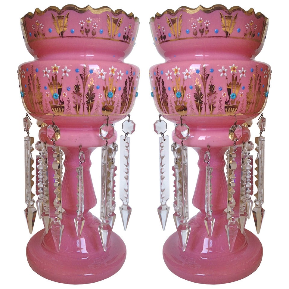 Pink Cased Glass Lusters Jeweled and Gilt Decorated from England circa 1925