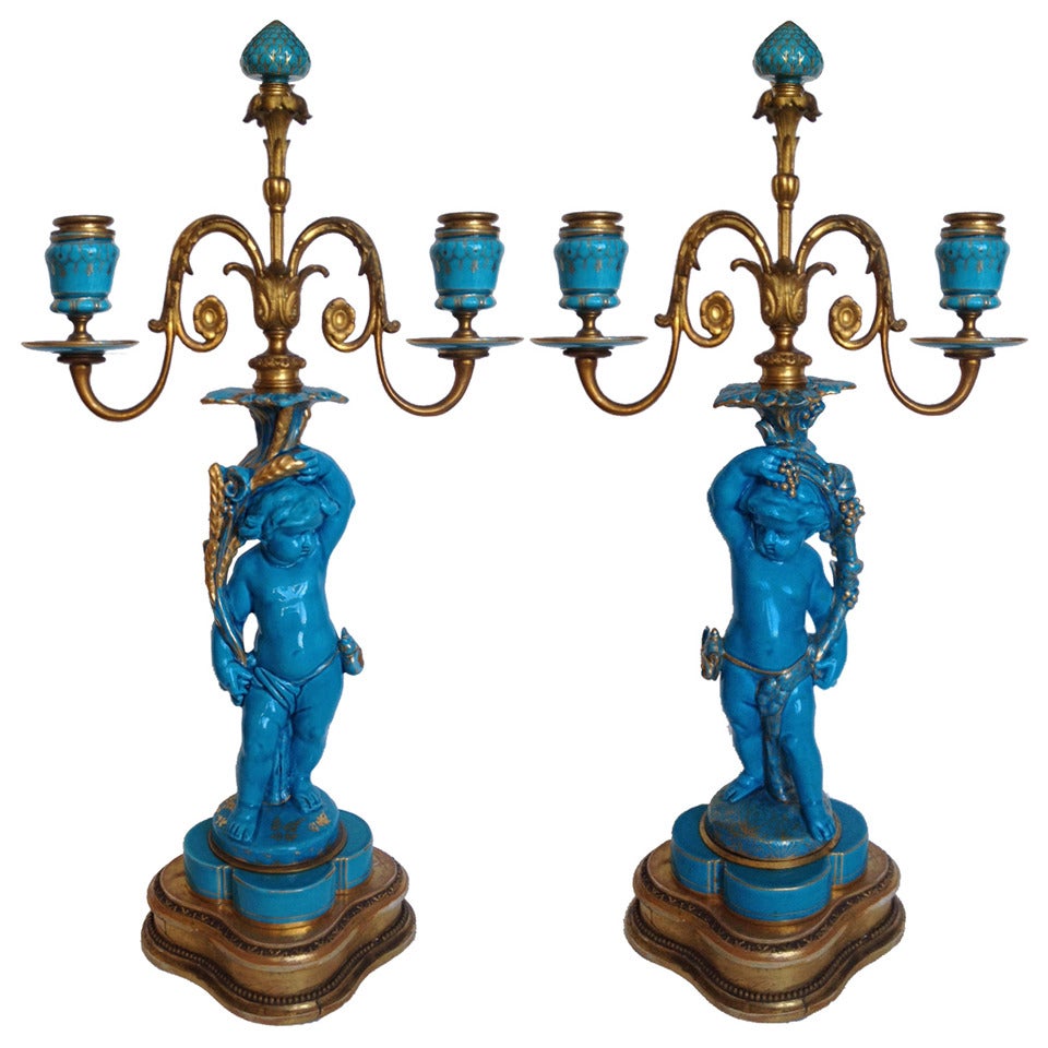 Sevres Style Celeste Blue Putti Form Candelabra Gilt Bronze Mounts 19thc.