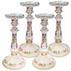 Moser Suite of Four Clear Glass Candlesticks Enamel Flowers and Gilt c.1900