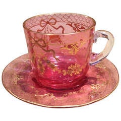 Antique Moser Cranberry Cup And Saucer with Raised Gold Gilding c1900