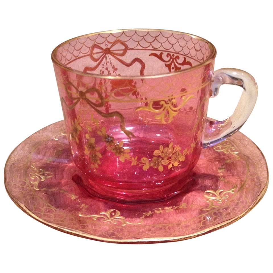 Moser Cranberry Cup And Saucer with Raised Gold Gilding c1900