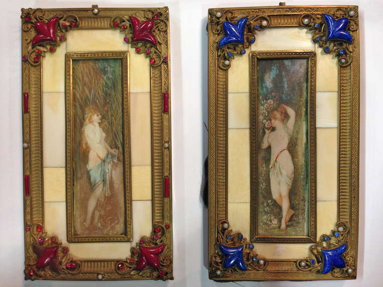 French Art Nouveau Miniature Paintings In Original Gilt Jeweled Frames C.1900