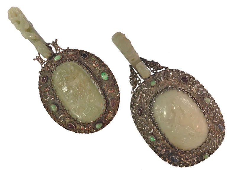 Chinese White and Celadon Color Jade and Silver Hand Mirrors signed