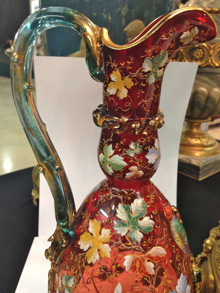 Rarity in Moser Applied Jeweling and Enameled Pitcher Amberina Color c.1890 1