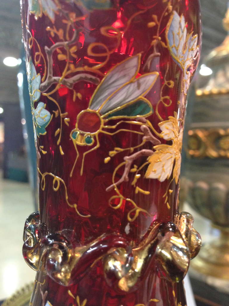 Rarity in Moser Applied Jeweling and Enameled Pitcher Amberina Color c.1890 3