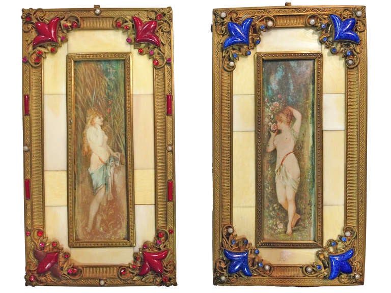 Wonderful pair of art nouveau paintings in miniature contained in the original jeweled and gilt frame. The coloration and subject matter are compelling.