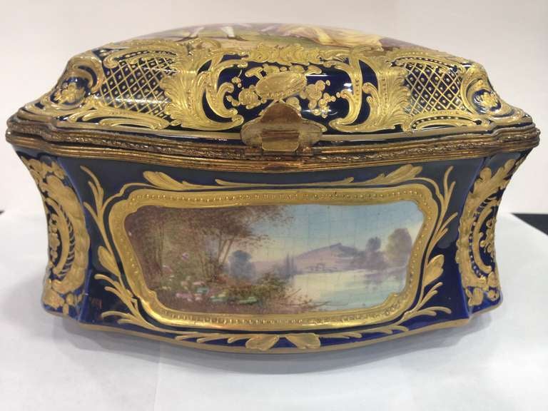 French Antique Sevres Table Casket Handpainted Rare Shape Multiple Scenes 19th Century For Sale