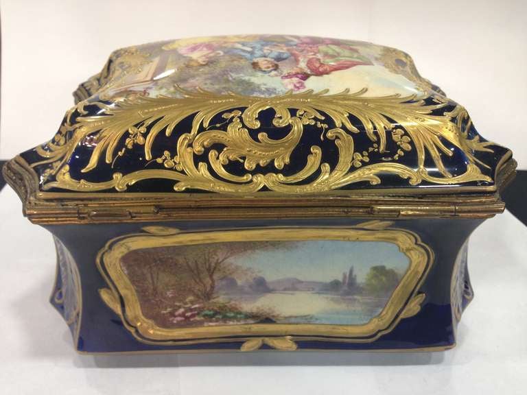 Bronze Antique Sevres Table Casket Handpainted Rare Shape Multiple Scenes 19th Century For Sale