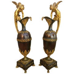 A Pair of Empire Ormolou and Patinated Bronze Ewers Attributed to Claude Galle 1820s