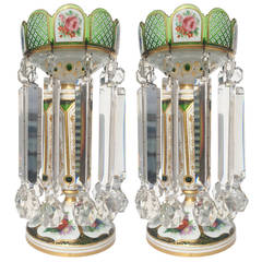 Massive Bohemian Overlay Emerald Color Glass, Hand-Painted Lusters, circa 1900