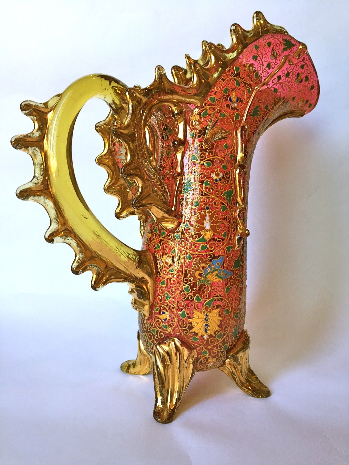 Appliqué  Exceptional Moser Glass Exhibition Pitcher Gilt and Enameled, circa 1900